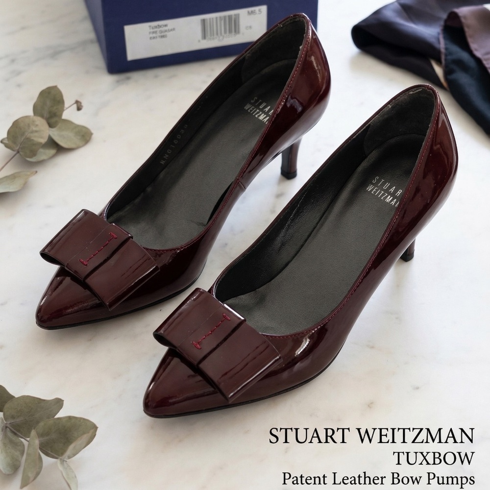 Stuart Weitzman Tuxbow Patent Leather Bow Pumps Burgundy 6.5